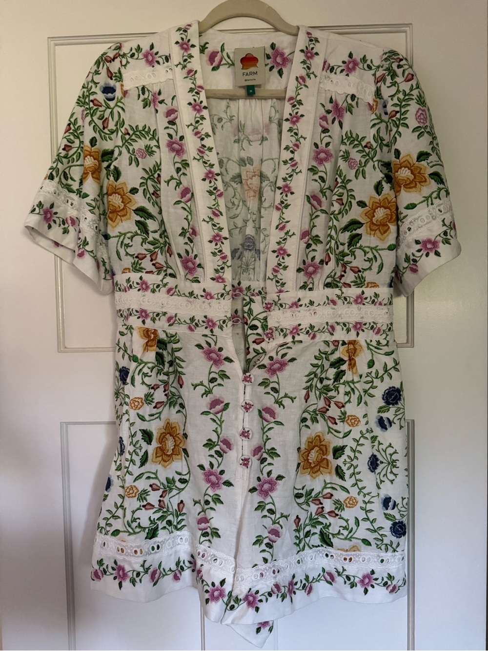 Farm Rio White Floral Embroidered Romper